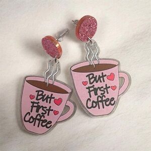 But First Coffee Pink Cup Dangle Earrings